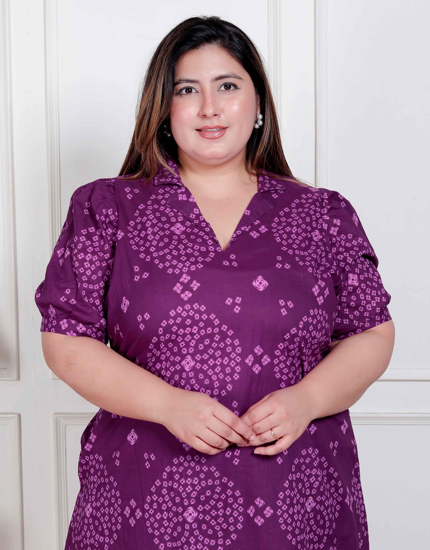 Miravan Plus Size Womens Purple Bandhni printed A-Line Maxi Dress