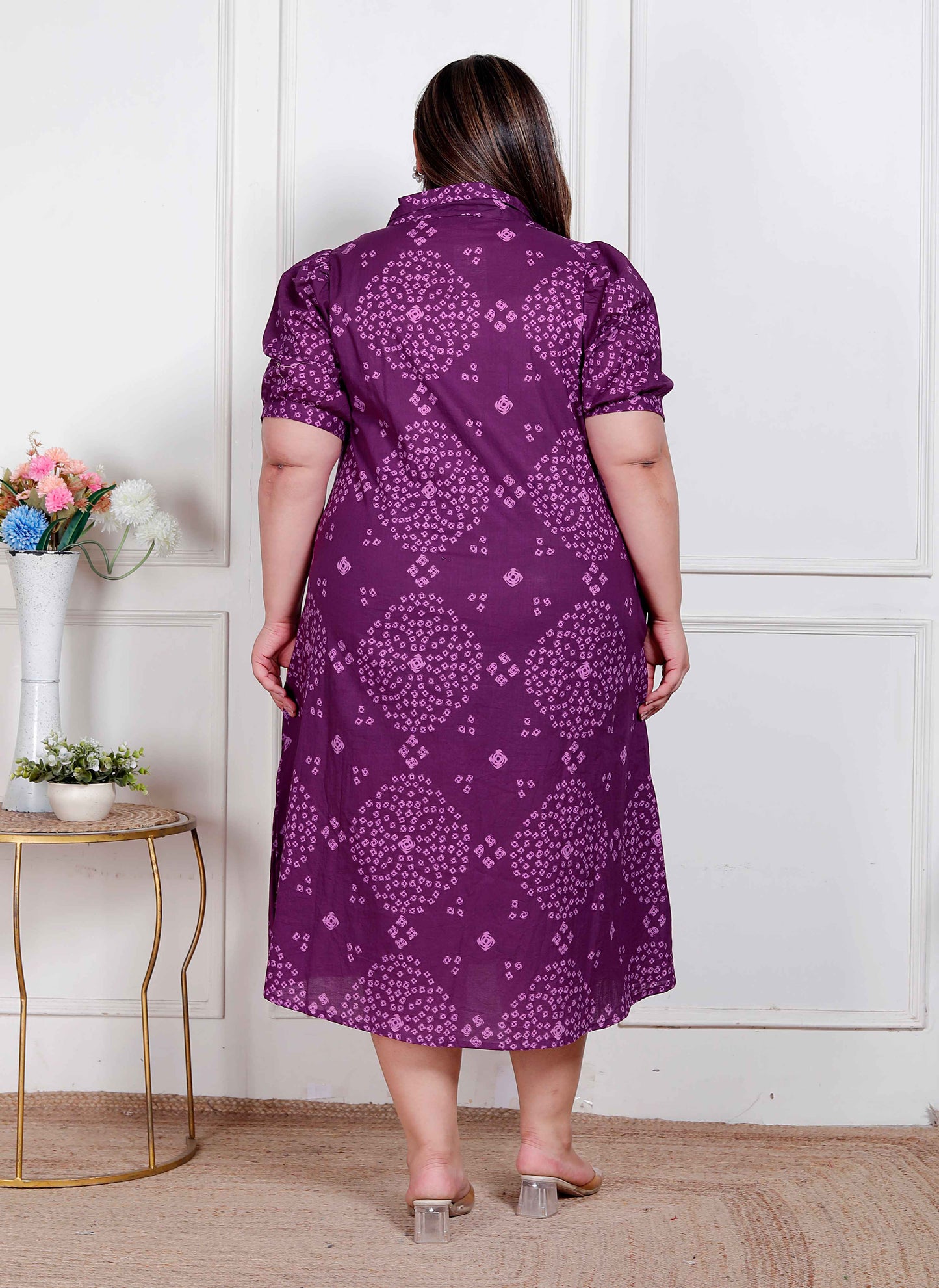 Miravan Plus Size Womens Purple Bandhni printed A-Line Maxi Dress