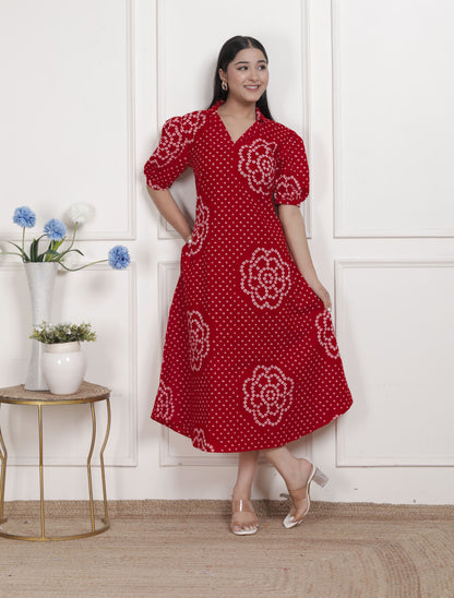 Miravan Womens Red Bandhani Printed Collar Neck Midi Dress Miravan Womens Red Bandhani Printed Collar Neck Midi Dress