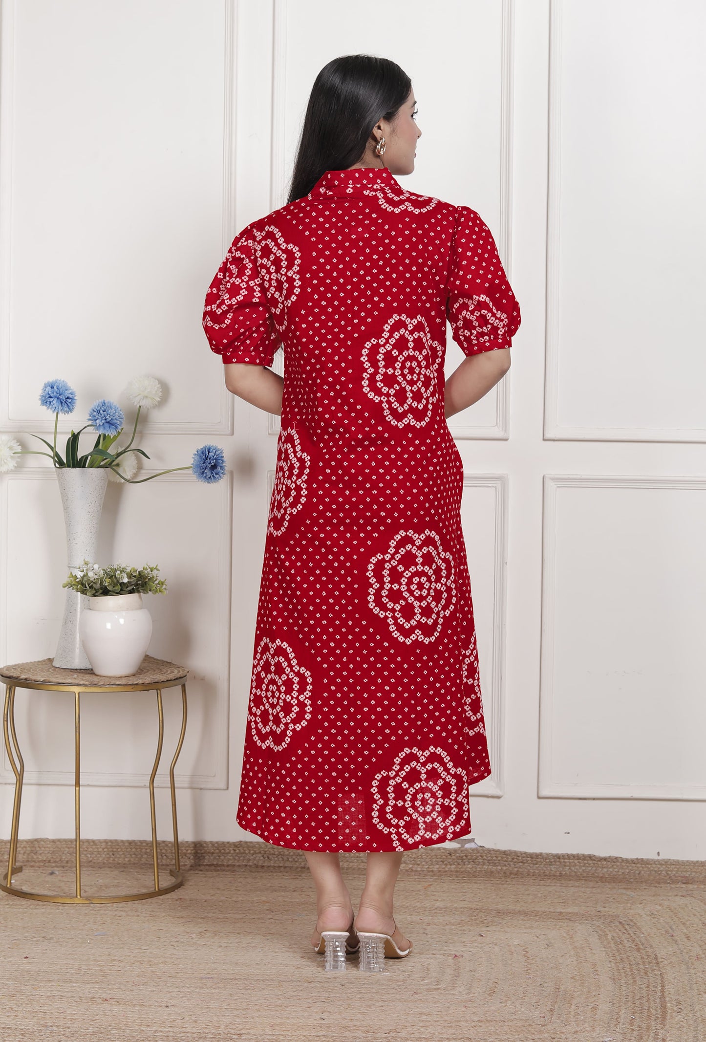 Miravan Womens Red Bandhani Printed Collar Neck Midi Dress