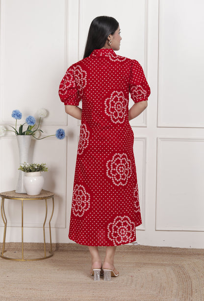 Miravan Womens Red Bandhani Printed Collar Neck Midi Dress