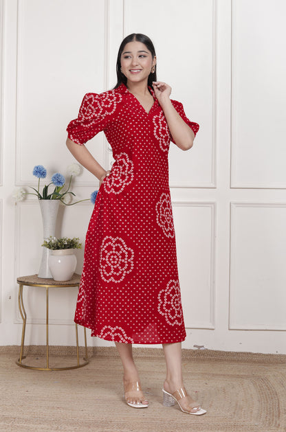 Miravan Womens Red Bandhani Printed Collar Neck Midi Dress