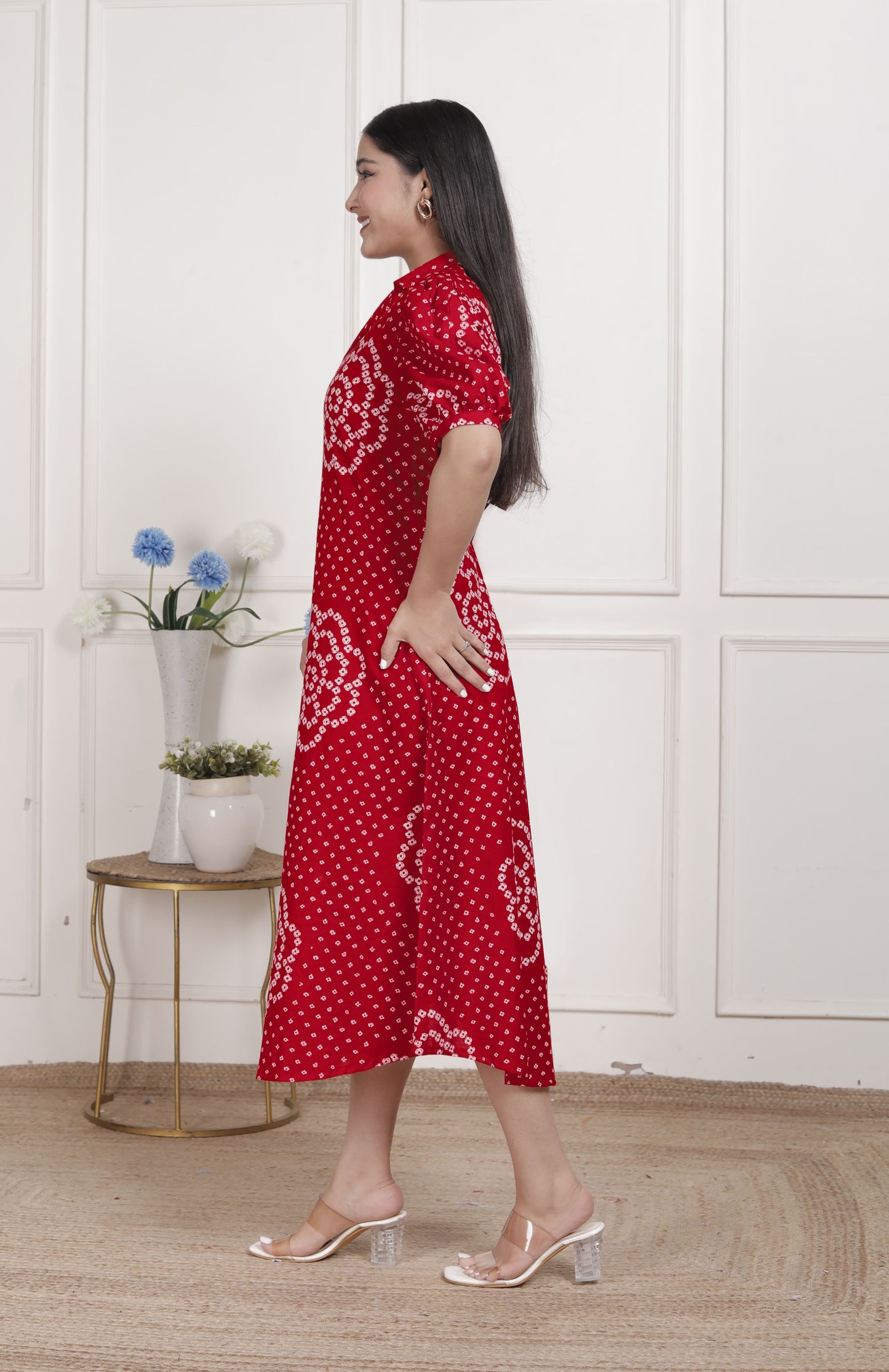Miravan Womens Red Bandhani Printed Collar Neck Midi Dress