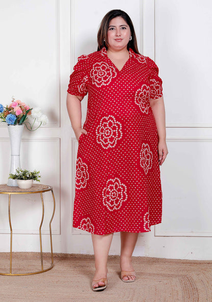Miravan Plus Size Womens Red Bandhani Printed Collar Neck  Maxi Dress