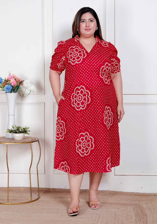 Miravan Plus Size Womens Red Bandhani Printed Collar Neck  Maxi Dress