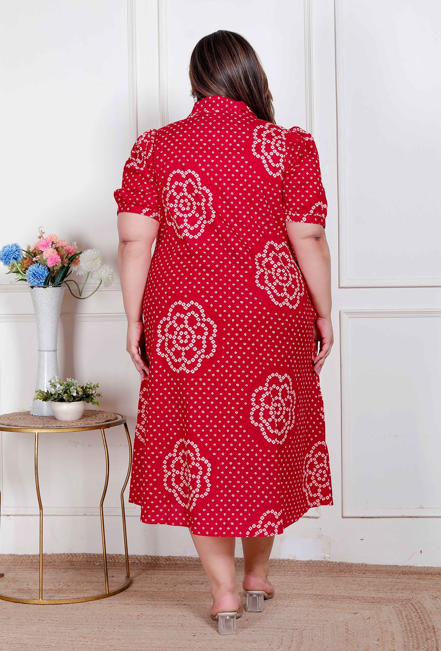 Miravan Plus Size Womens Red Bandhani Printed Collar Neck  Maxi Dress