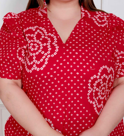 Miravan Plus Size Womens Red Bandhani Printed Collar Neck  Maxi Dress