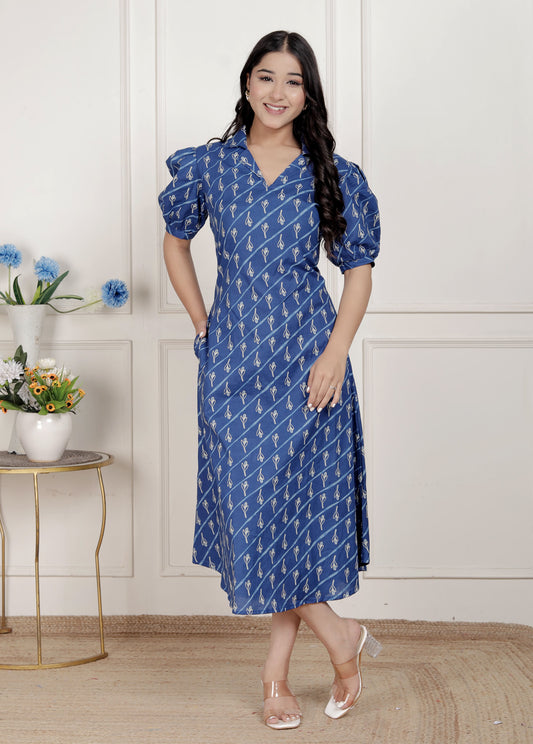 Miravan Womens Floral Print Collar-Neck Puff Sleeves A-Line Maxi Dress