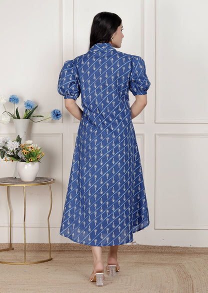 Miravan Womens Floral Print Collar-Neck Puff Sleeves A-Line Maxi Dress