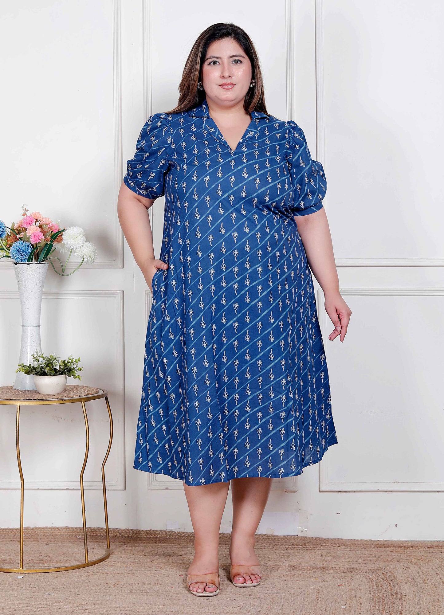 Miravan Plus Size Womens Floral Print Collar-Neck Puff Sleeves A-Line Maxi Dress