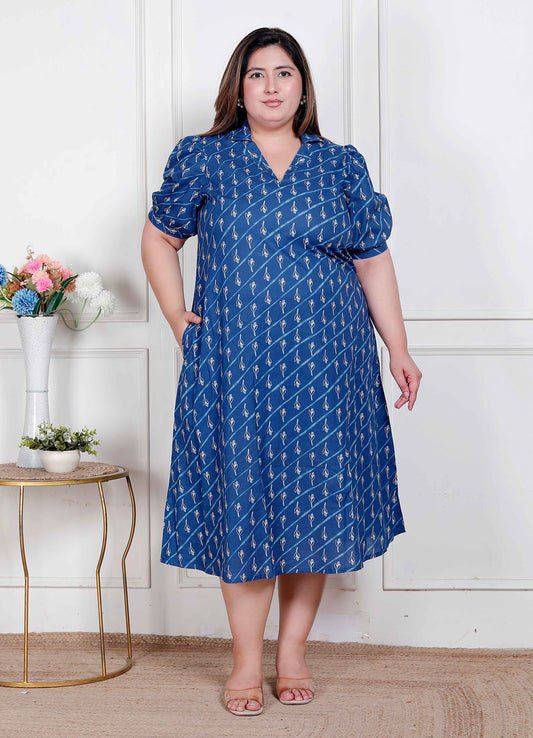 Miravan Plus Size Womens Floral Print Collar-Neck Puff Sleeves A-Line Maxi Dress