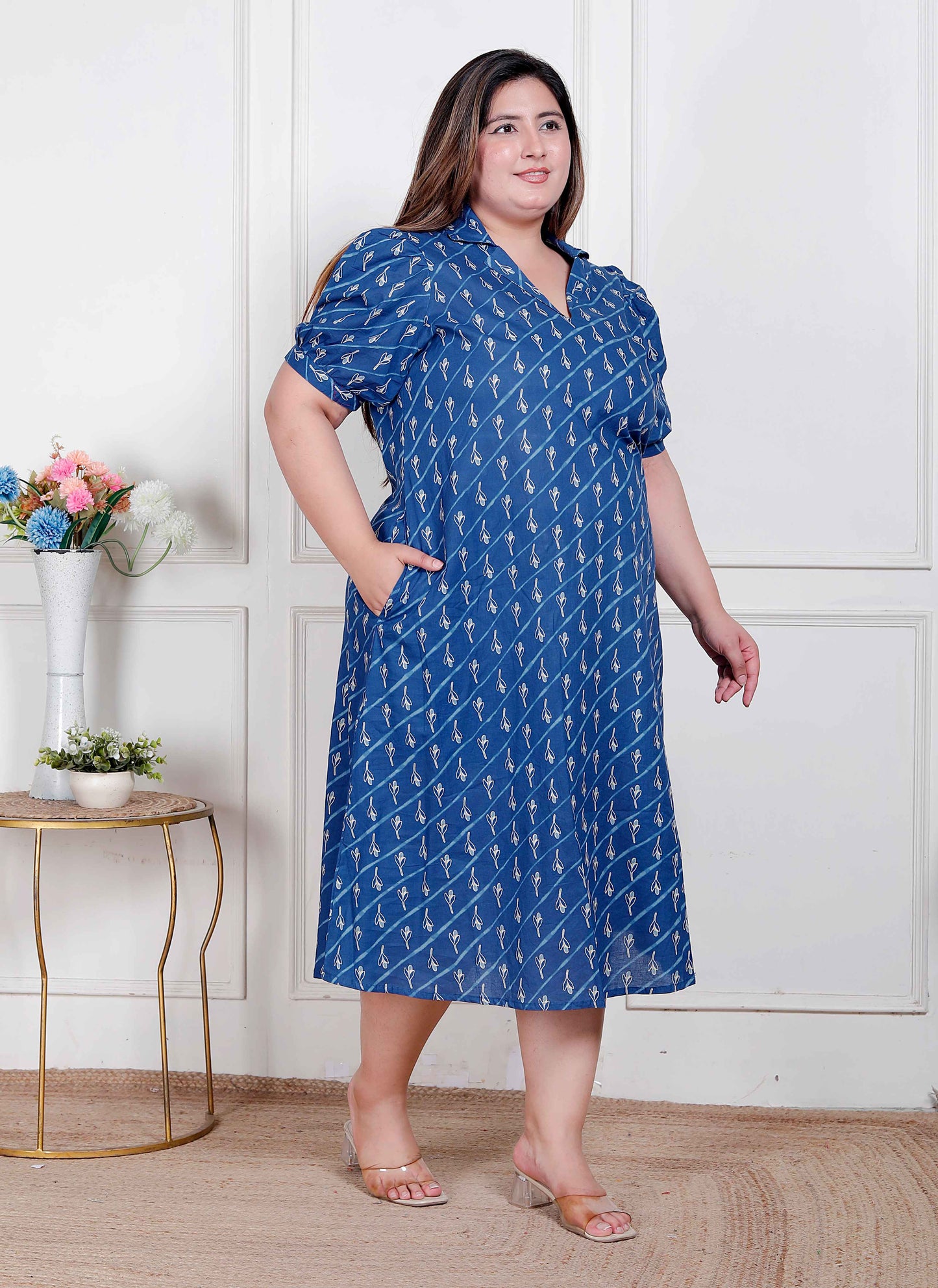 Miravan Plus Size Womens Floral Print Collar-Neck Puff Sleeves A-Line Maxi Dress