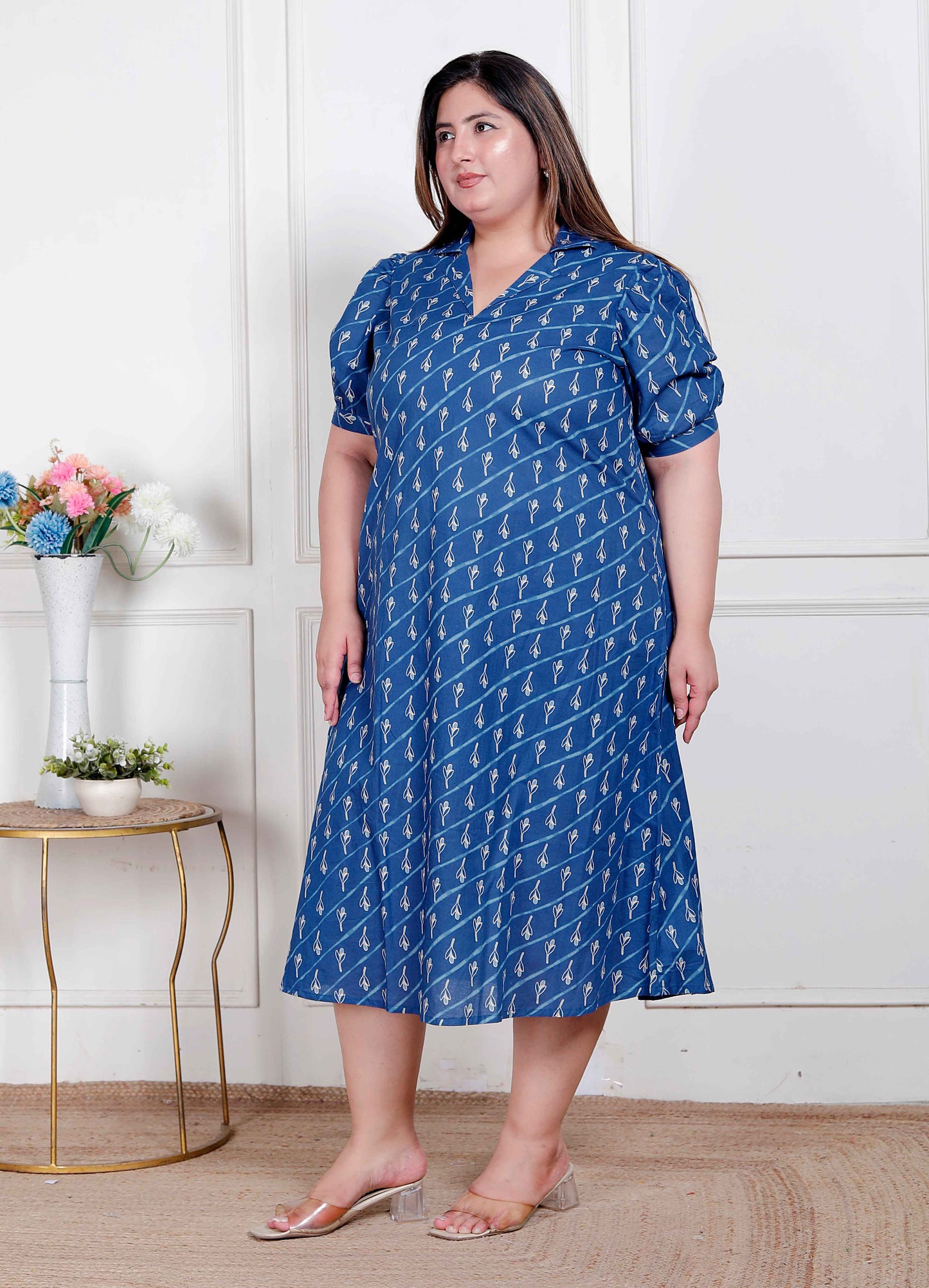 Miravan Plus Size Womens Floral Print Collar-Neck Puff Sleeves A-Line Maxi Dress