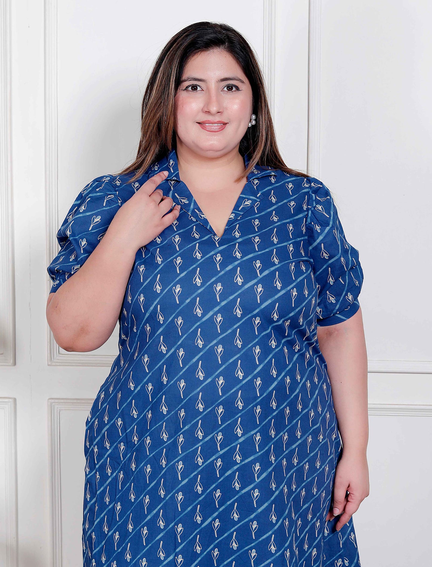 Miravan Plus Size Womens Floral Print Collar-Neck Puff Sleeves A-Line Maxi Dress