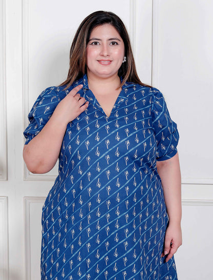Miravan Plus Size Womens Floral Print Collar-Neck Puff Sleeves A-Line Maxi Dress