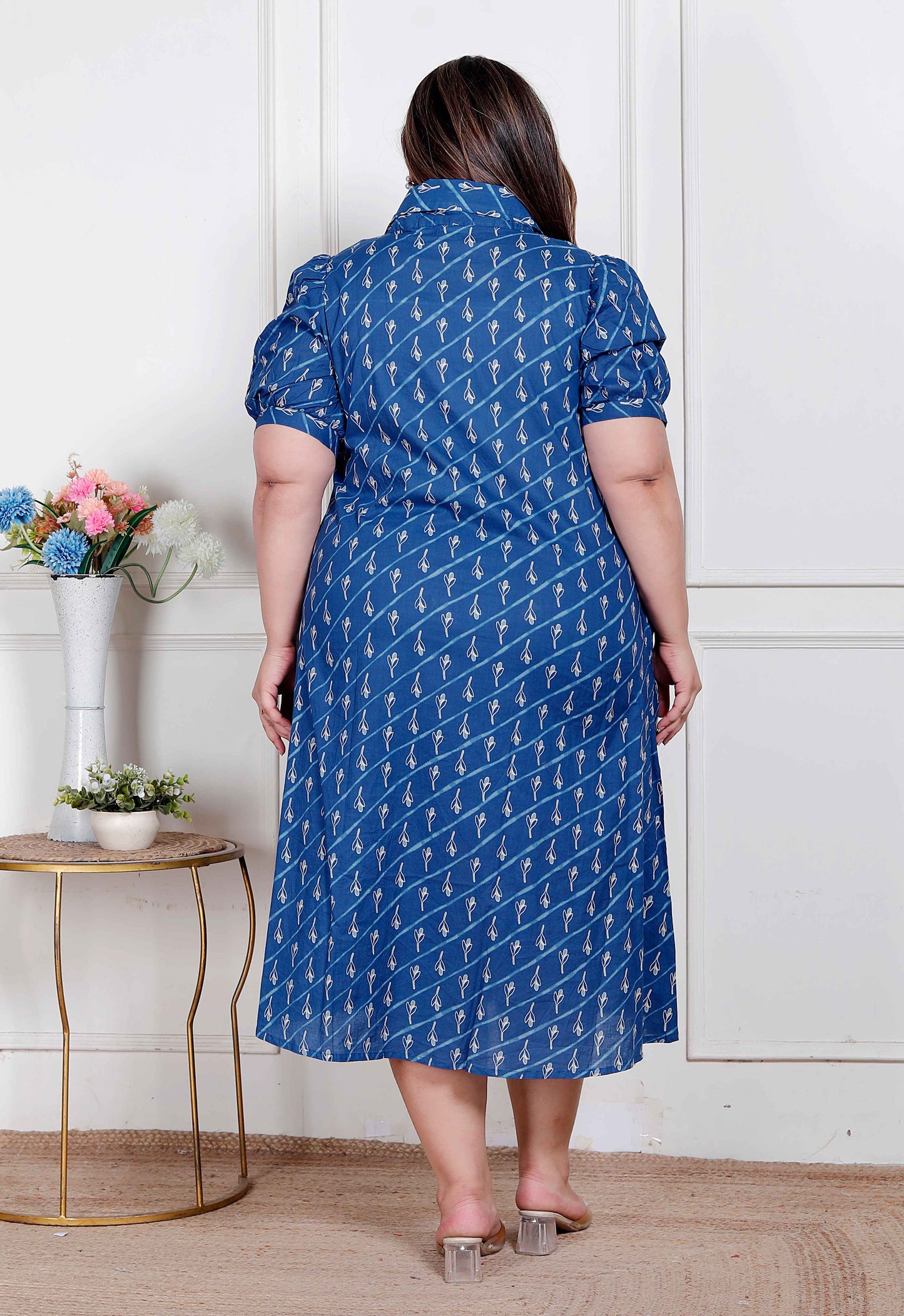 Miravan Plus Size Womens Floral Print Collar-Neck Puff Sleeves A-Line Maxi Dress