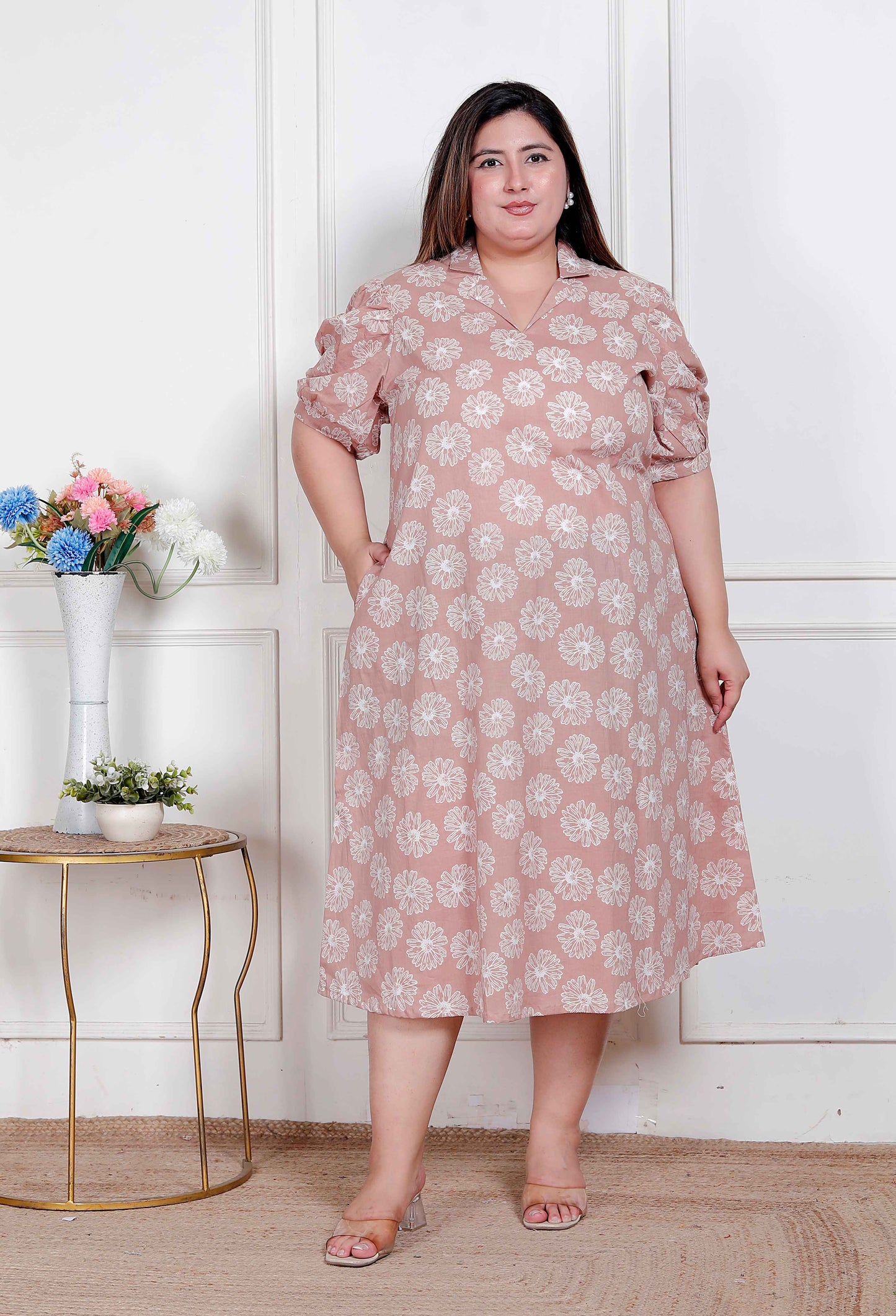 Miravan Plus Size Womens Puff Sleeve Pure Cotton Printed Maxi Dress