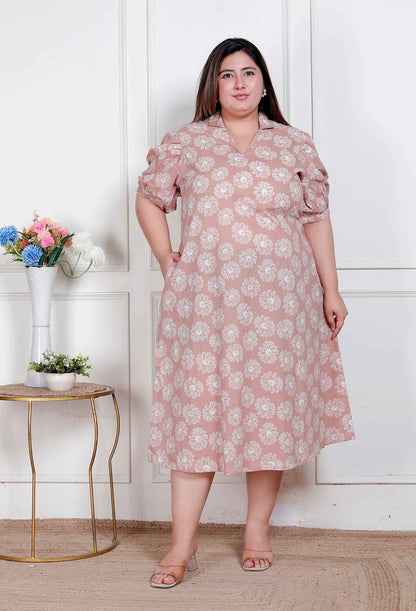 Miravan Plus Size Womens Puff Sleeve Pure Cotton Printed Maxi Dress