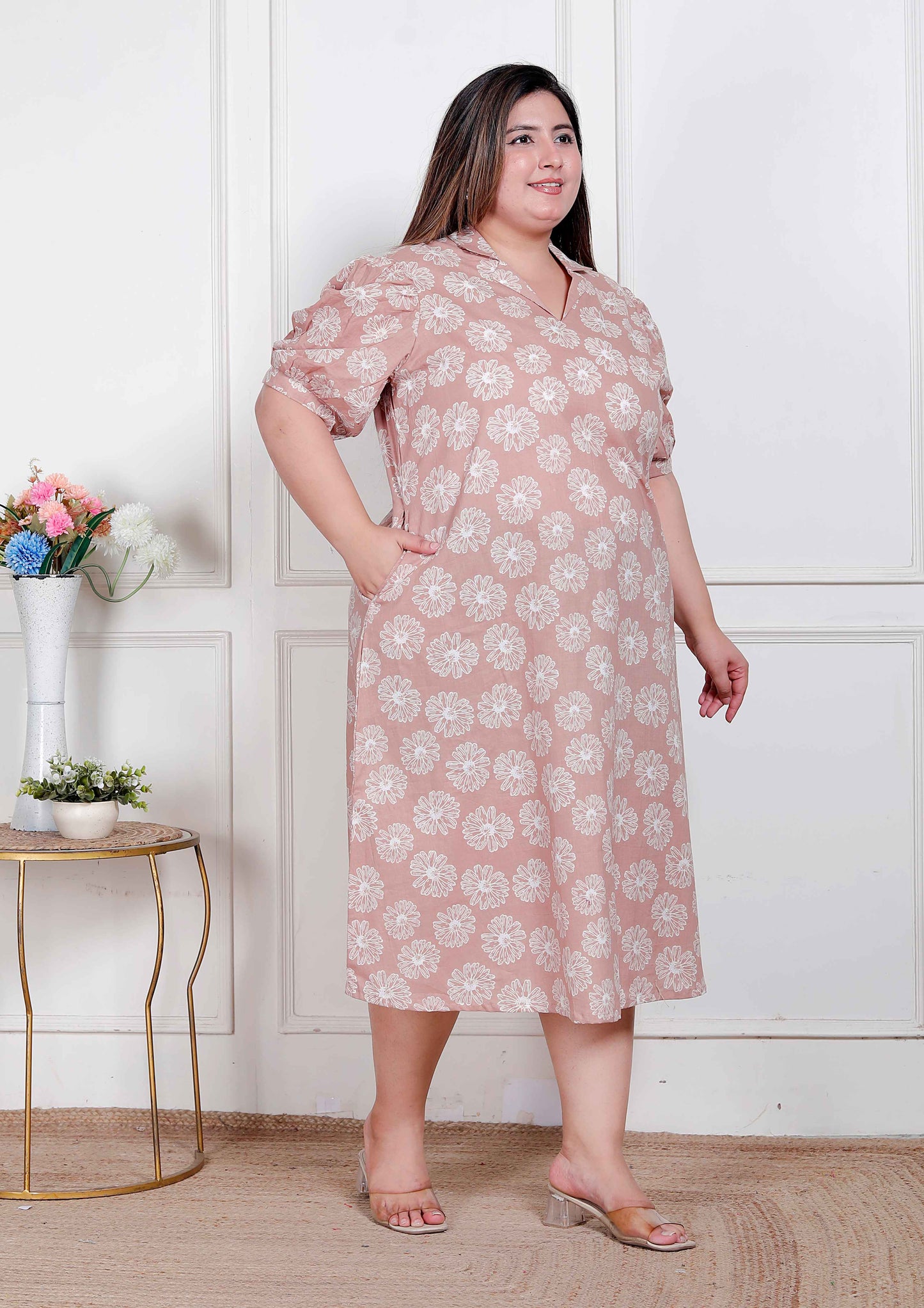 Miravan Plus Size Womens Puff Sleeve Pure Cotton Printed Maxi Dress