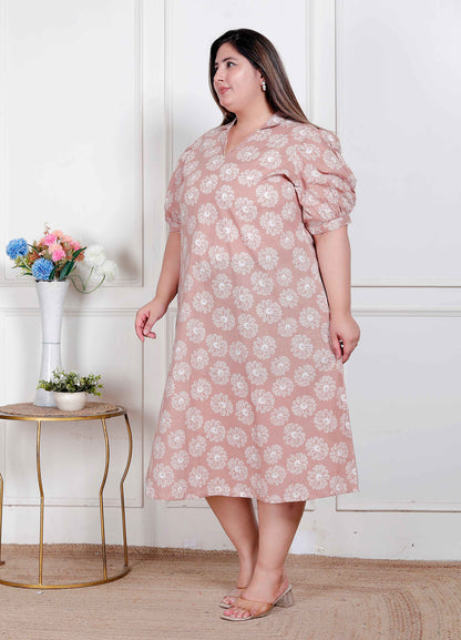 Miravan Plus Size Womens Puff Sleeve Pure Cotton Printed Maxi Dress