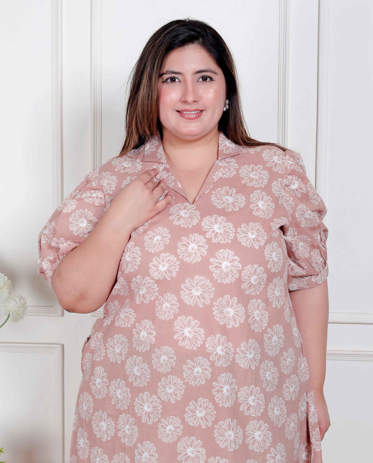 Miravan Plus Size Womens Puff Sleeve Pure Cotton Printed Maxi Dress