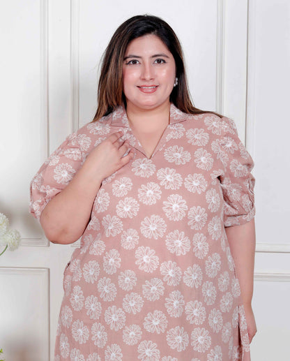 Miravan Plus Size Womens Puff Sleeve Pure Cotton Printed Maxi Dress