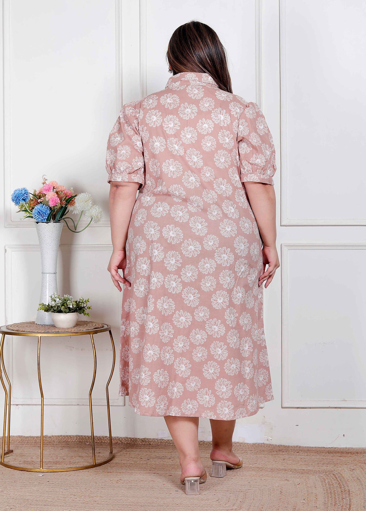 Miravan Plus Size Womens Puff Sleeve Pure Cotton Printed Maxi Dress