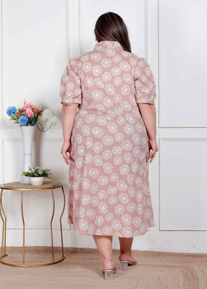 Miravan Plus Size Womens Puff Sleeve Pure Cotton Printed Maxi Dress