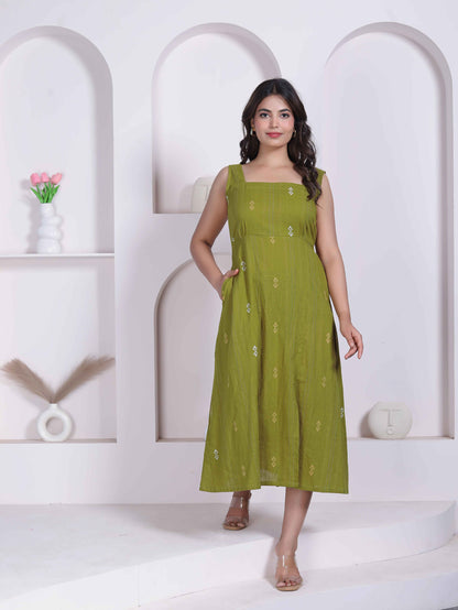 Miravan Womens Abstract Printed Green A_line Maxi Dress