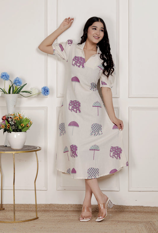 Miravan Womens Flex cotton Short sleeve Off White Animal print A-Line Maxi dress