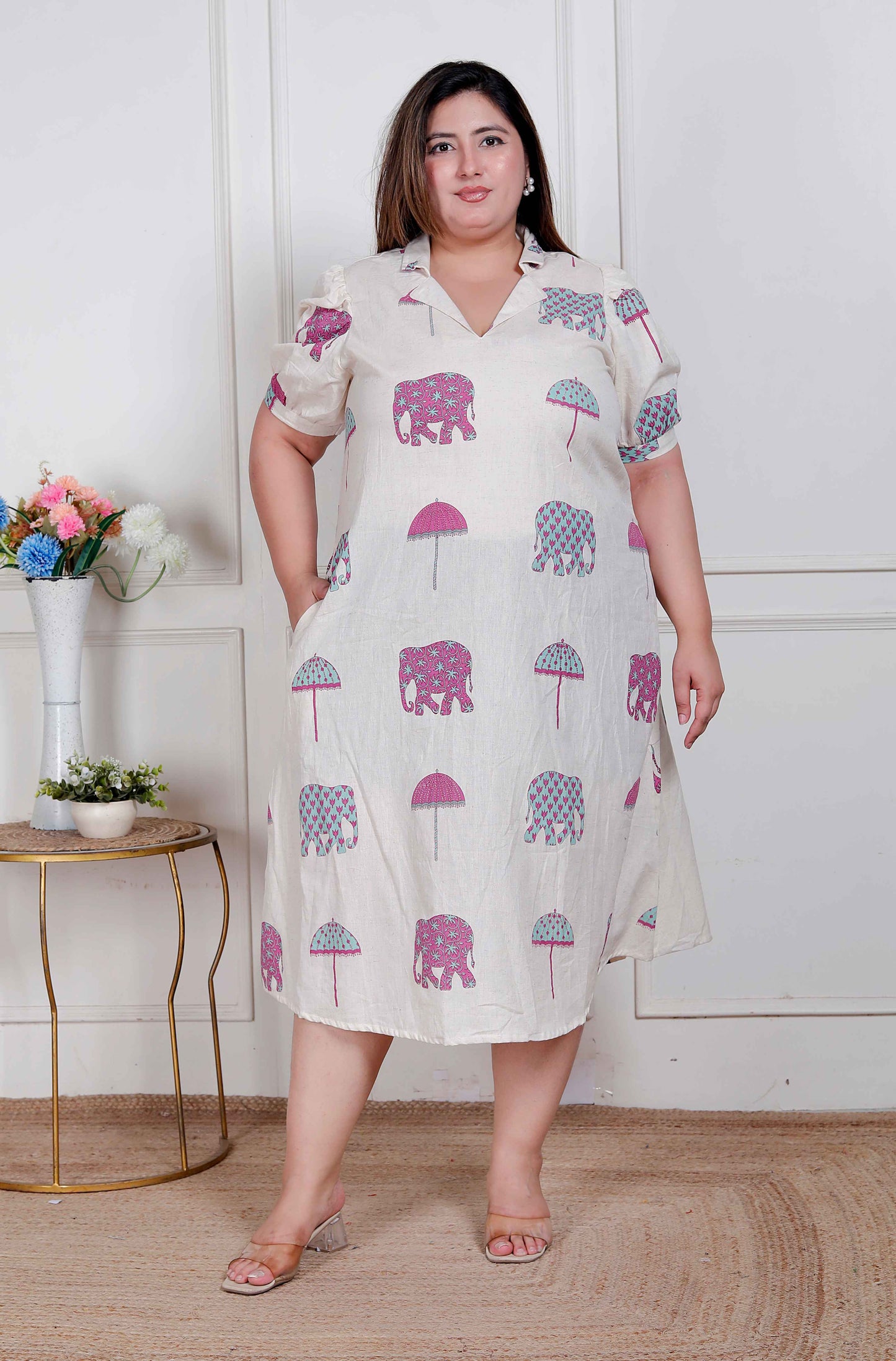 Miravan Plus Size Womens Flex cotton Short sleeve Off White Animal print A-Line Maxi dress
