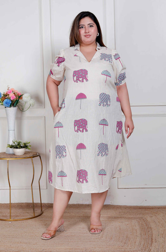 Miravan Plus Size Womens Flex cotton Short sleeve Off White Animal print A-Line Maxi dress