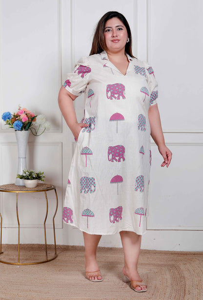 Miravan Plus Size Womens Flex cotton Short sleeve Off White Animal print A-Line Maxi dress