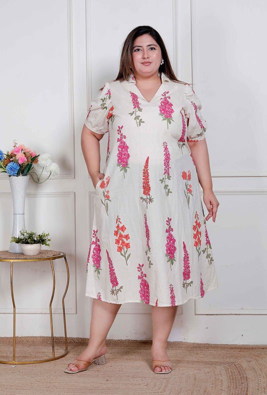 Miravan Plus Size Womens Off White Flower Printed Cotton Flex Maxi Dress