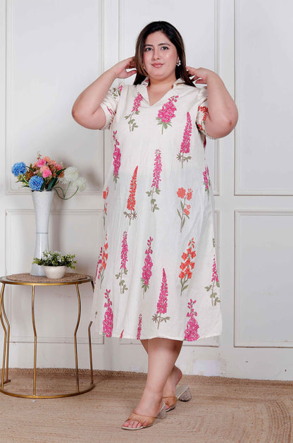 Miravan Plus Size Womens Off White Flower Printed Cotton Flex Maxi Dress