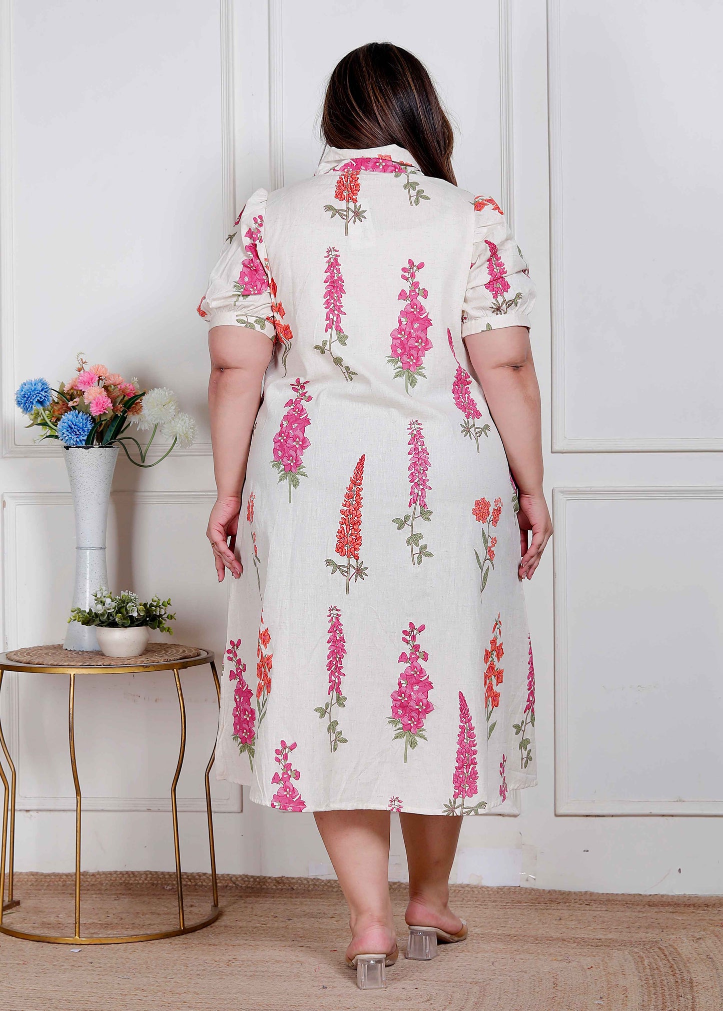 Miravan Plus Size Womens Off White Flower Printed Cotton Flex Maxi Dress