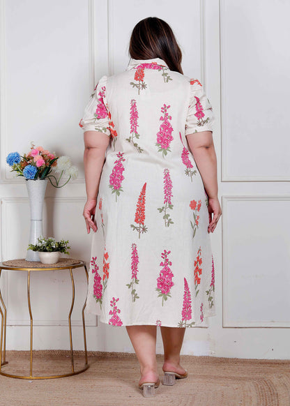 Miravan Plus Size Womens Off White Flower Printed Cotton Flex Maxi Dress