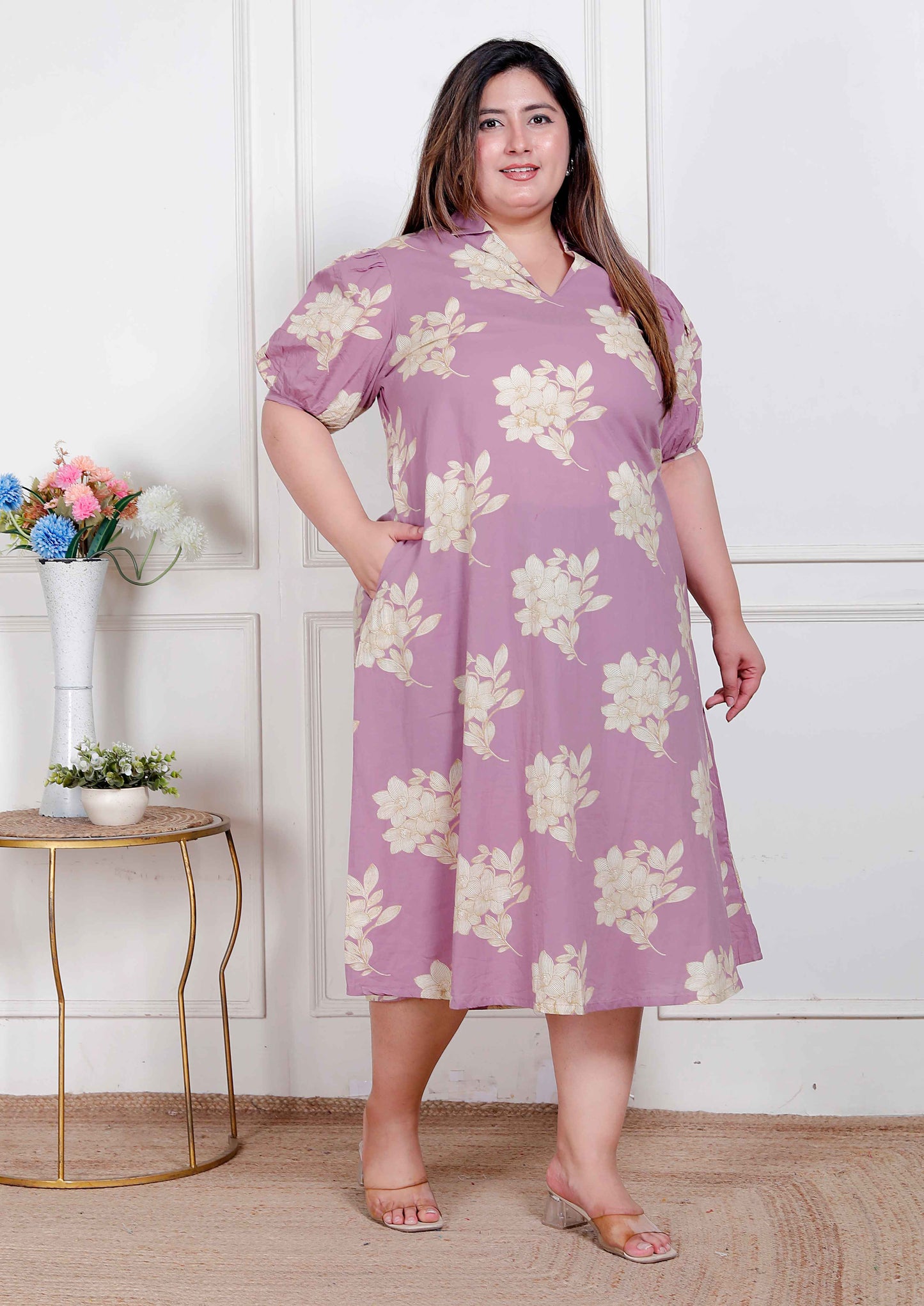 Miravan Plus Size Womens Lavender Floral printed A-Line Maxi Dress