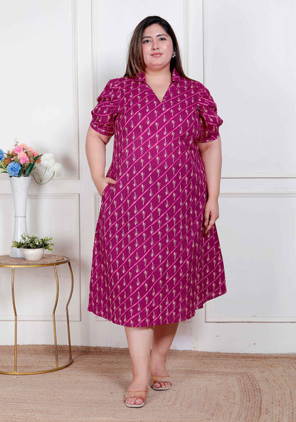 Miravan Plus Size Womens Magenta Floral Printed Cotton Dress with one side Pocket