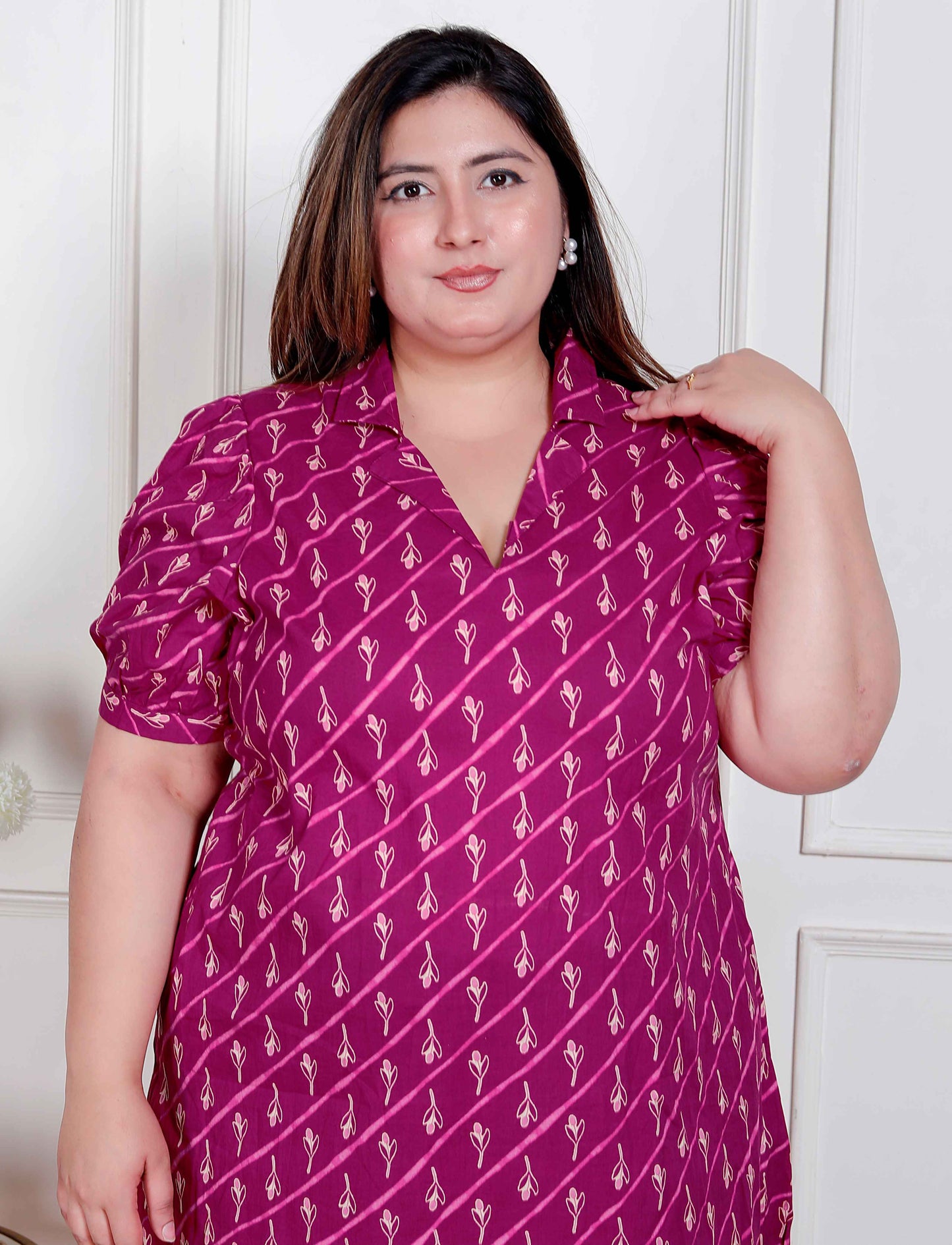 Miravan Plus Size Womens Magenta Floral Printed Cotton Dress with one side Pocket