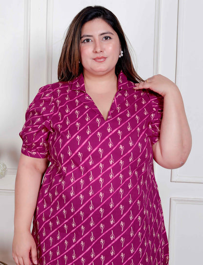 Miravan Plus Size Womens Magenta Floral Printed Cotton Dress with one side Pocket