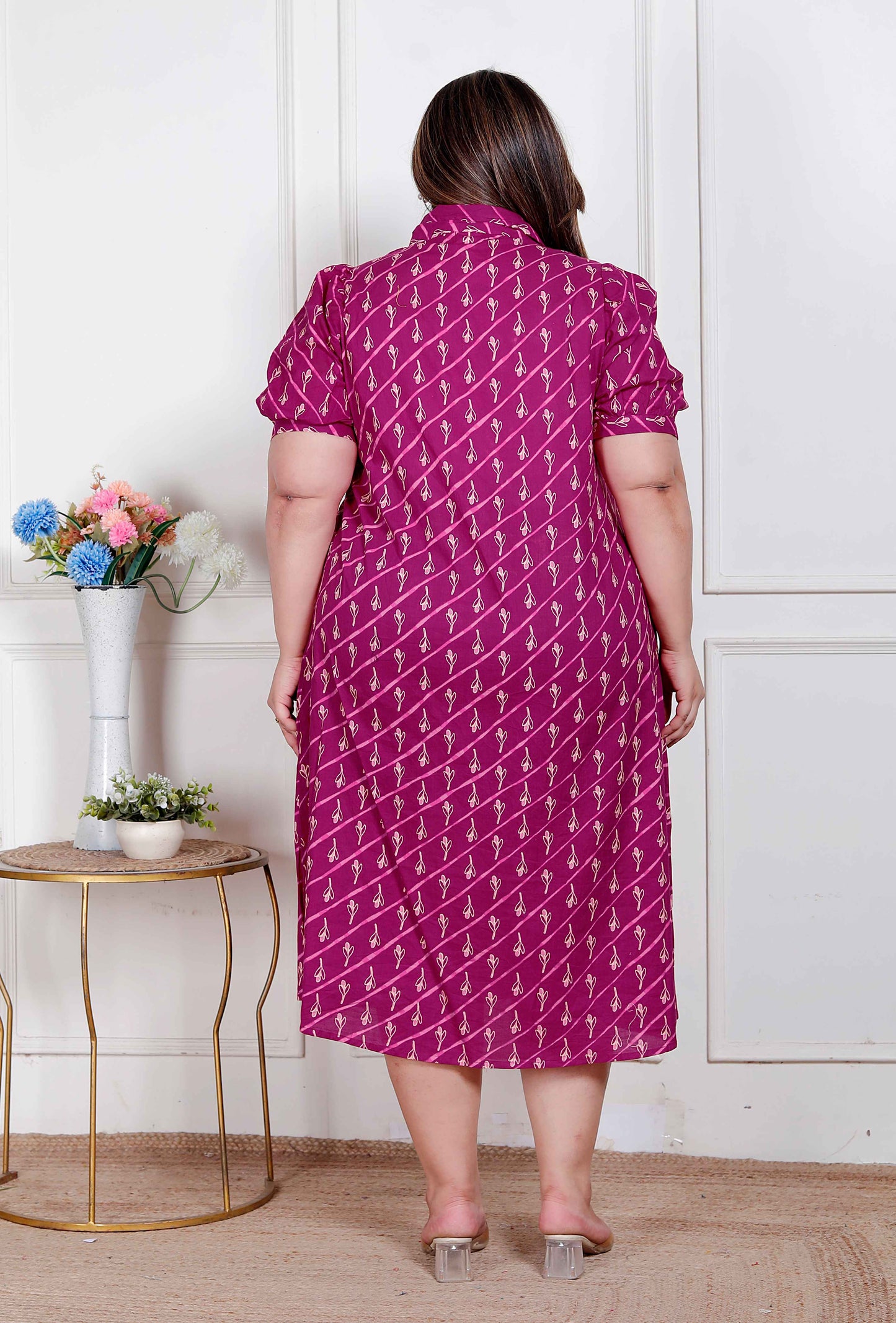 Miravan Plus Size Womens Magenta Floral Printed Cotton Dress with one side Pocket