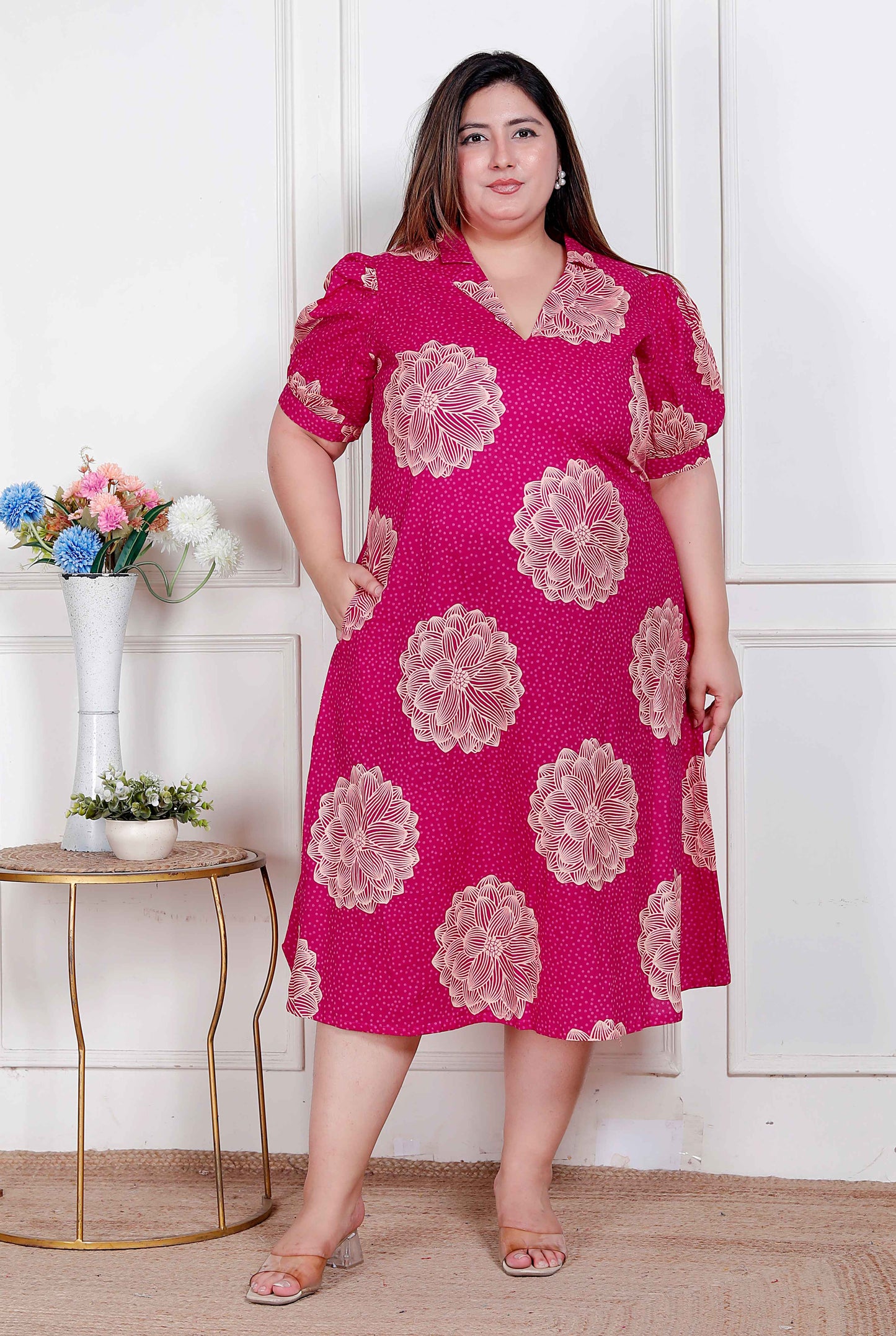 Miravan Plus Size Womens Pink Printed Collar Neck Short Puff Sleeves Cotton A-Line Maxi Dress