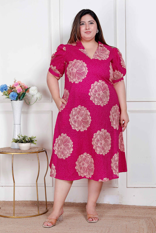 Miravan Plus Size Womens Pink Printed Collar Neck Short Puff Sleeves Cotton A-Line Maxi Dress