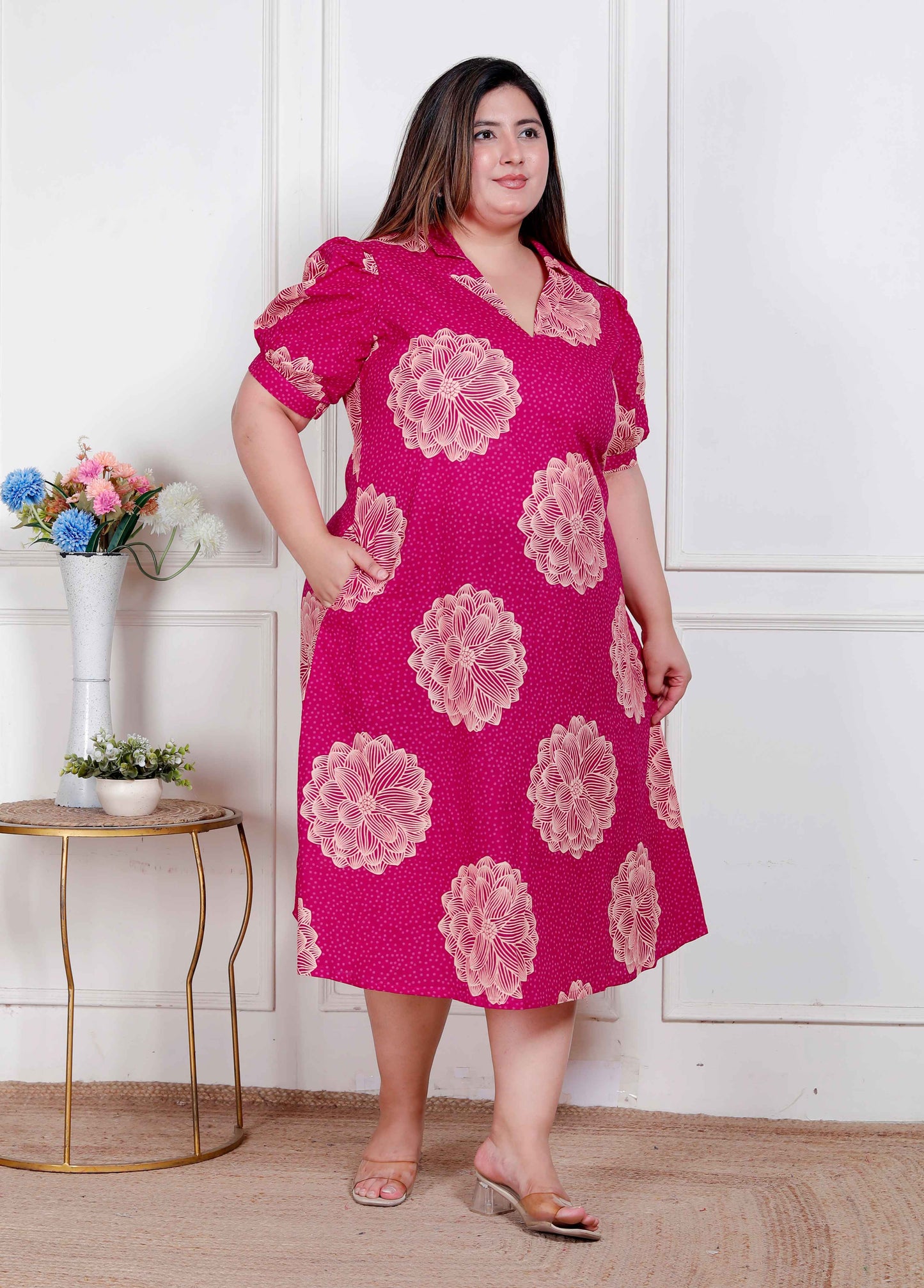 Miravan Plus Size Womens Pink Printed Collar Neck Short Puff Sleeves Cotton A-Line Maxi Dress