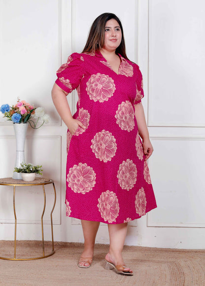 Miravan Plus Size Womens Pink Printed Collar Neck Short Puff Sleeves Cotton A-Line Maxi Dress