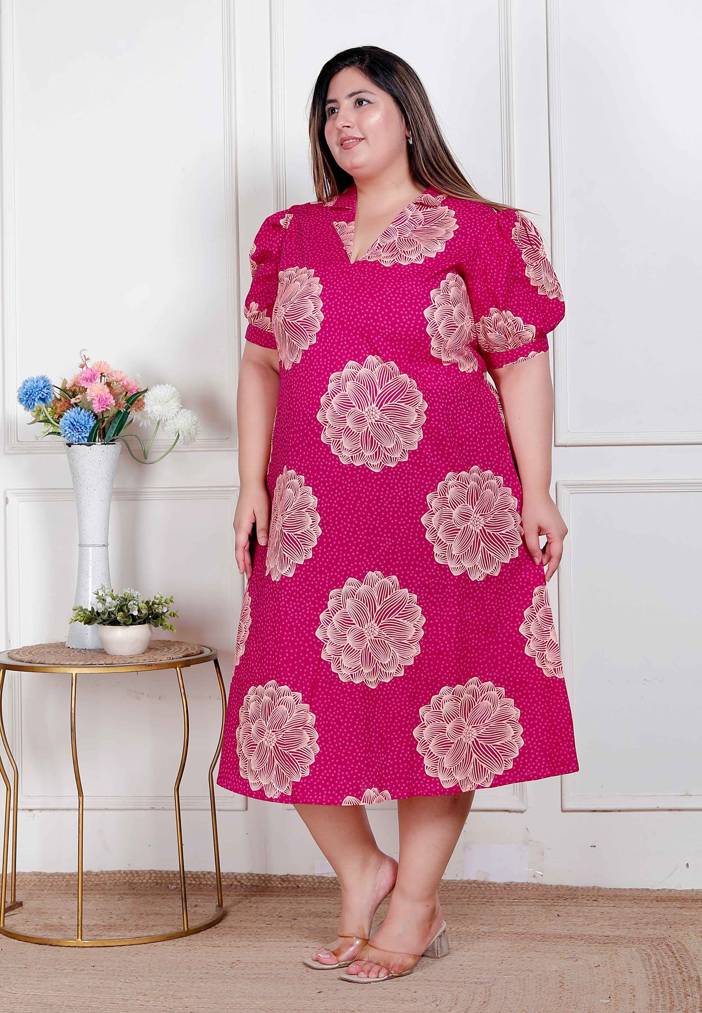 Miravan Plus Size Womens Pink Printed Collar Neck Short Puff Sleeves Cotton A-Line Maxi Dress