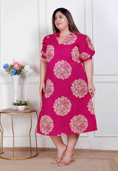 Miravan Plus Size Womens Pink Printed Collar Neck Short Puff Sleeves Cotton A-Line Maxi Dress