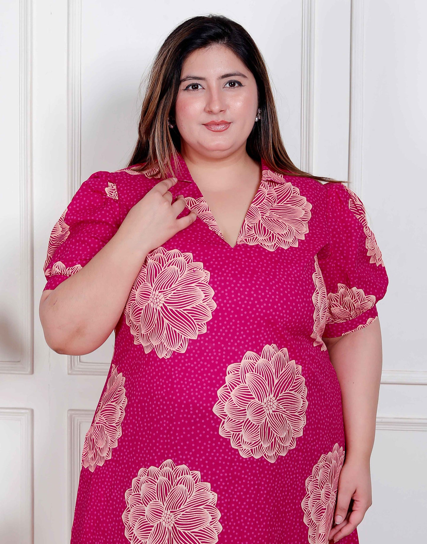 Miravan Plus Size Womens Pink Printed Collar Neck Short Puff Sleeves Cotton A-Line Maxi Dress