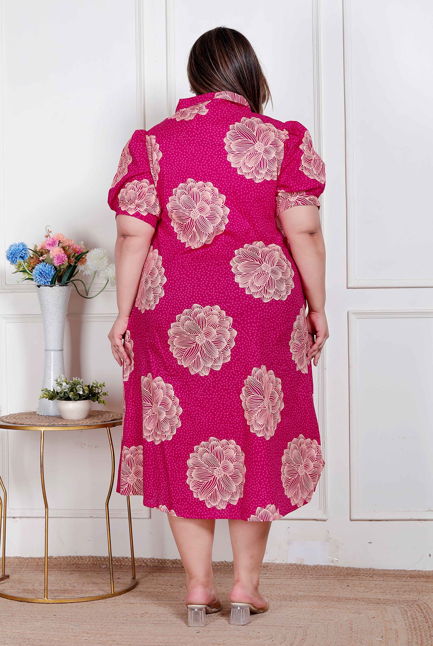 Miravan Plus Size Womens Pink Printed Collar Neck Short Puff Sleeves Cotton A-Line Maxi Dress